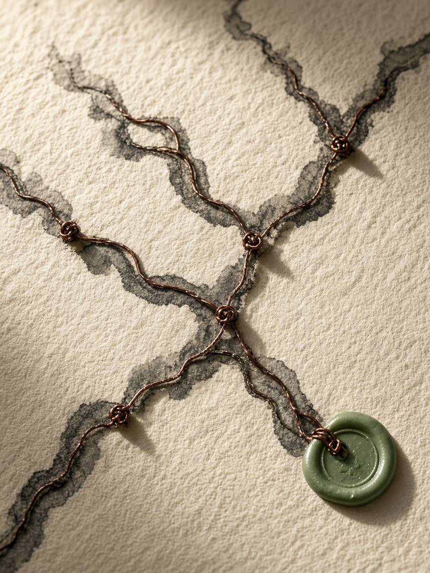 Macro view of ink process lines stitched with copper wire across cream paper