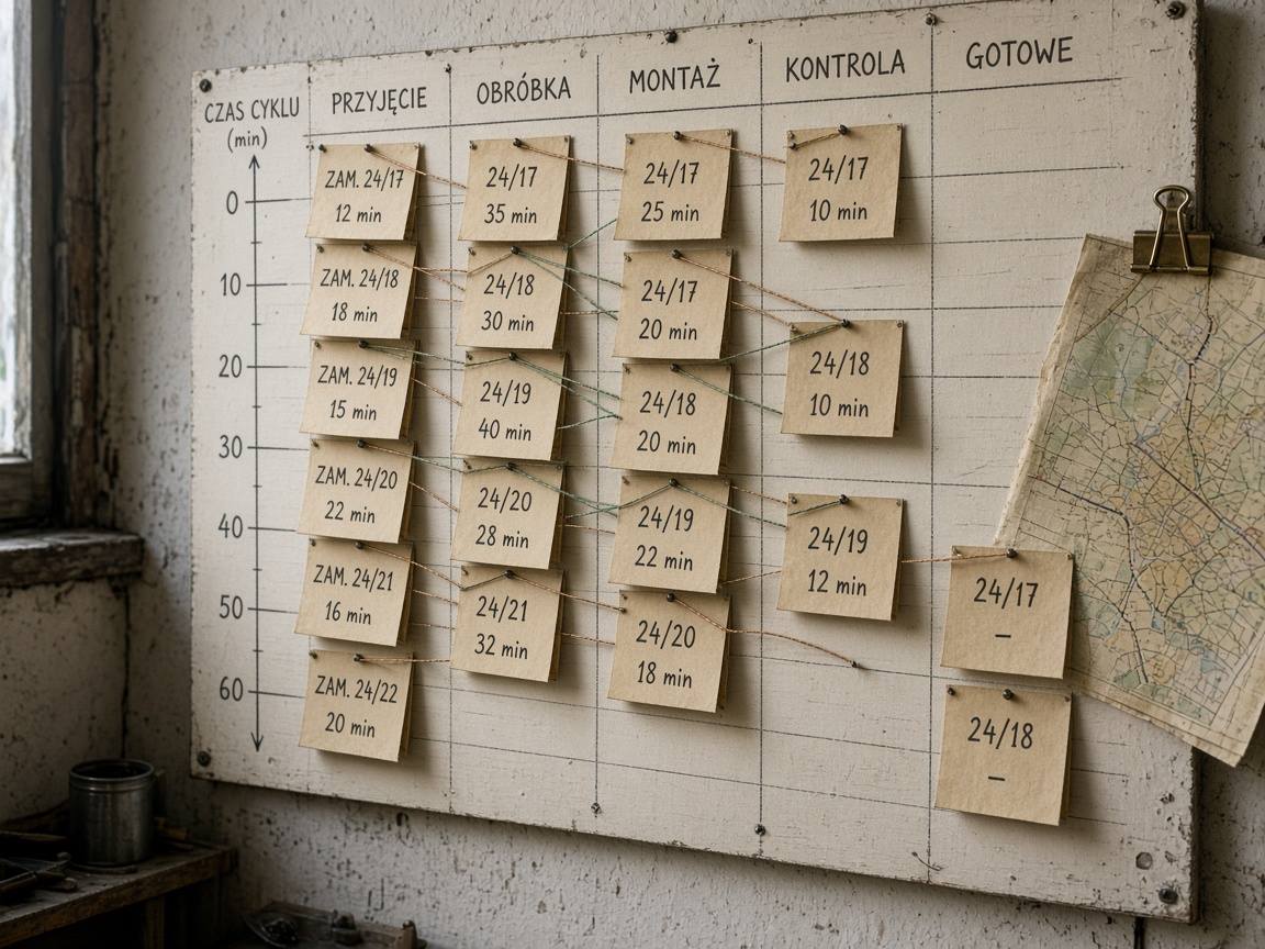 Wall-mounted operations board with manila routing cards connected by copper and sage threads