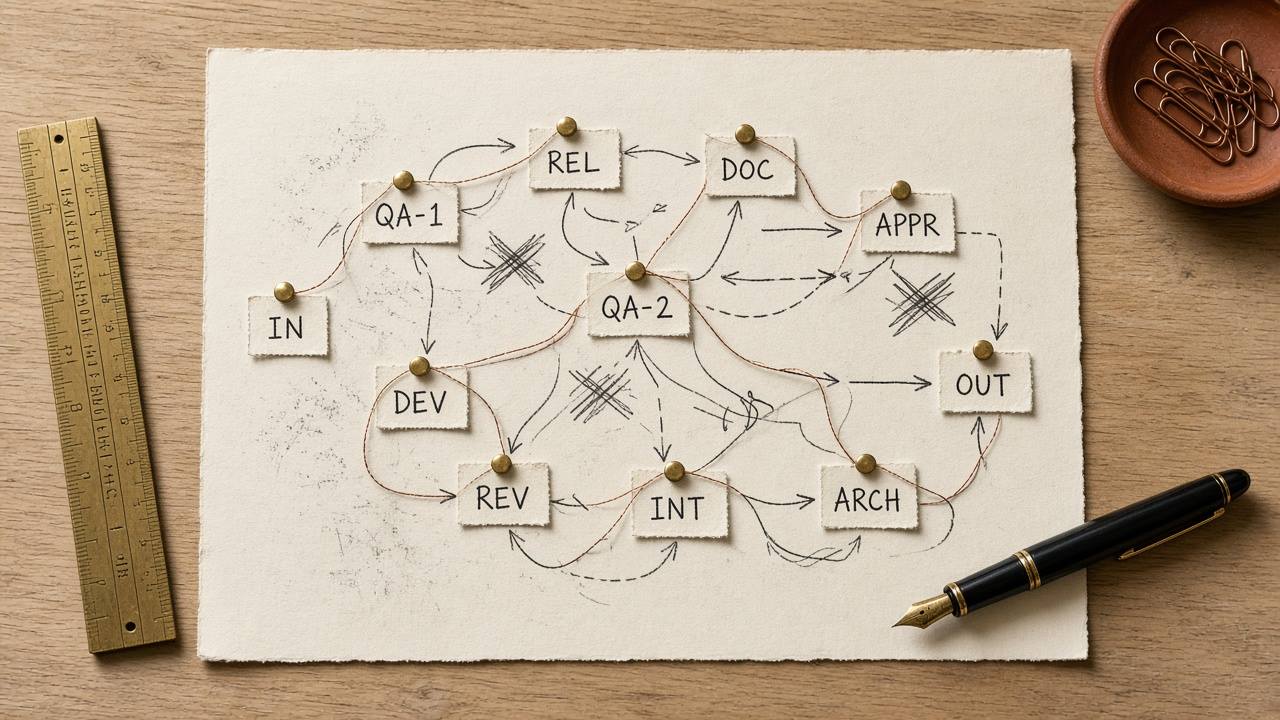Overhead view of a hand-drawn process map with copper thread connecting paper notes on a wooden table