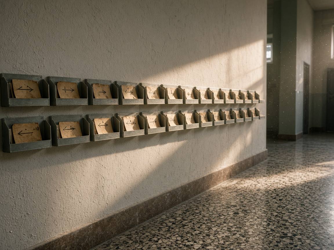 Quiet administrative corridor with wall-mounted routing trays and worn process cards in late daylight